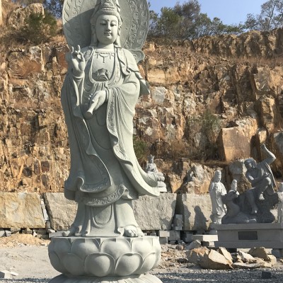 舟山石雕观音立像 佛堂摆放大型室外石材观音 玉石雕刻弥勒佛像